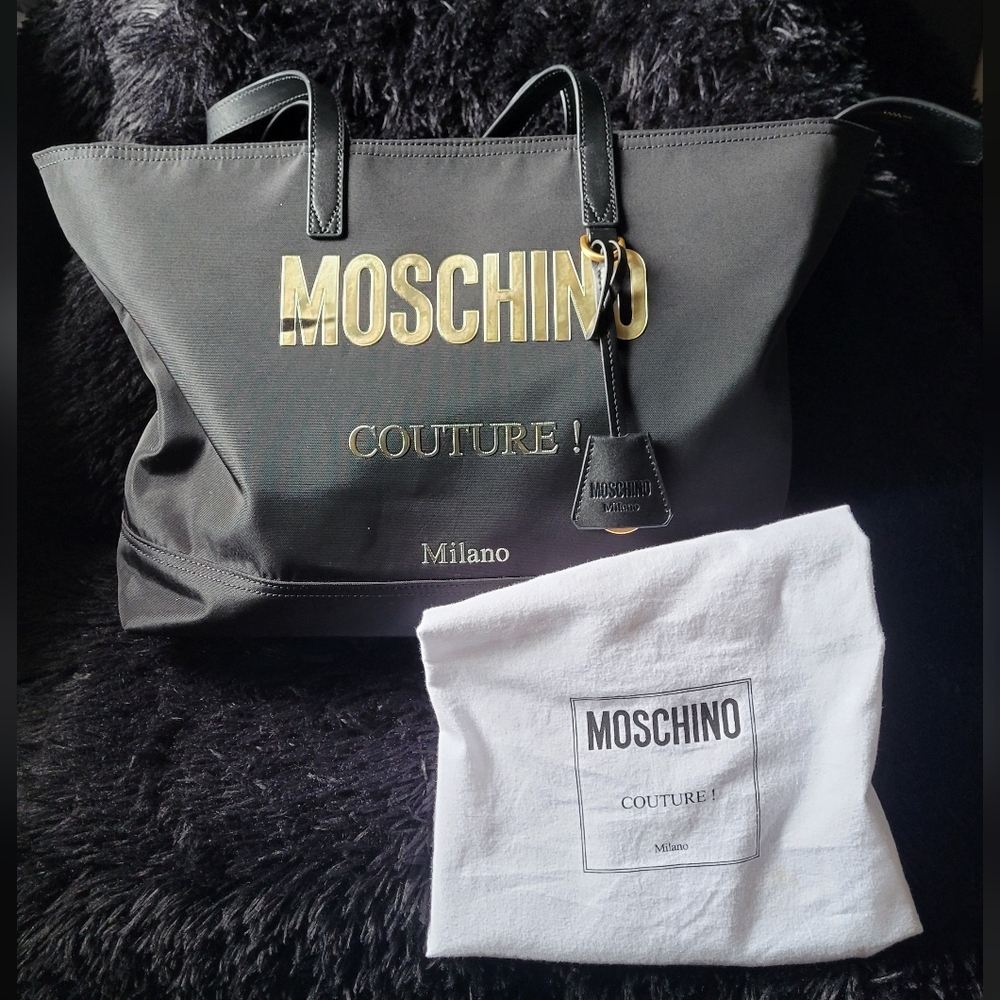 Moschino Large Logo Black Tote with Gold Lettering